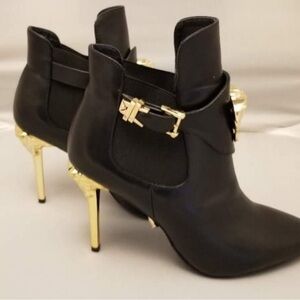 Black and Gold Heeled Boots with Suede Finish